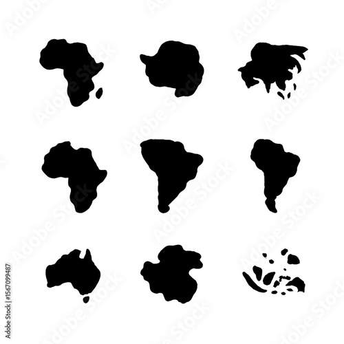 World Continents Icons. Solid, filled icon set of continents: Africa, Antarctica, Asia, Europe, North America, South America,