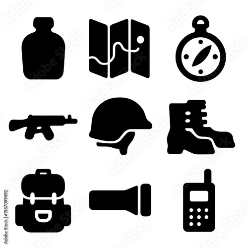 Soldier's Equipment Icons. Solid, filled icon set of soldier’s equipment and surroundings: canteen, map, compass, rifle, helmet,