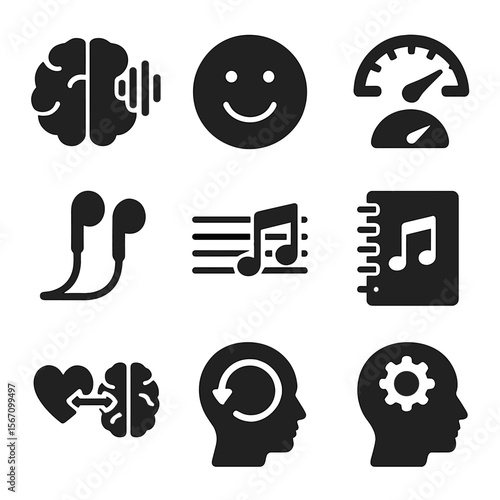 Music and Mind Icons. Solid, filled icons set of music and mental health: brain with soundwaves, happy face,
