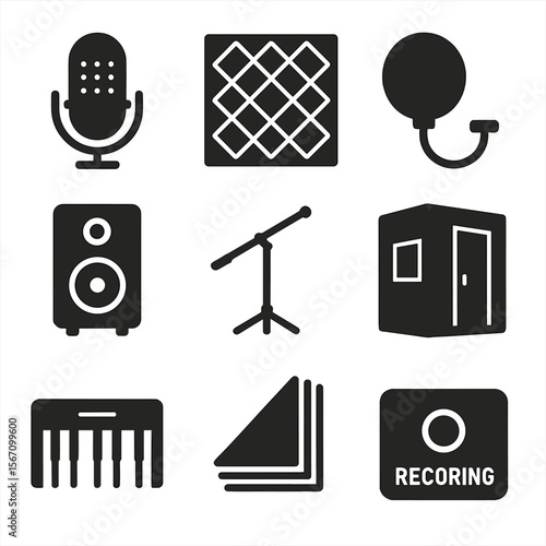 Music Room Icons. Solid, filled icons set of music room sound isolation: recording mic, wall panel, pop filter