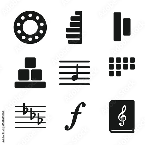 Music Theory Icons. Solid, filled icons set of music theory for pianists: circle of fifths, scale ladder,
