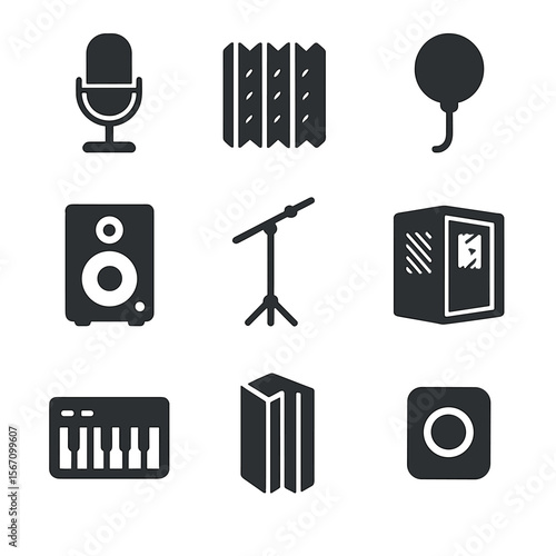Music Room Icons. Solid, filled icons set of music room sound isolation: recording mic, wall panel, pop filter