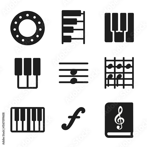 Music Theory Icons. Solid, filled icons set of music theory for pianists: circle of fifths, scale ladder,