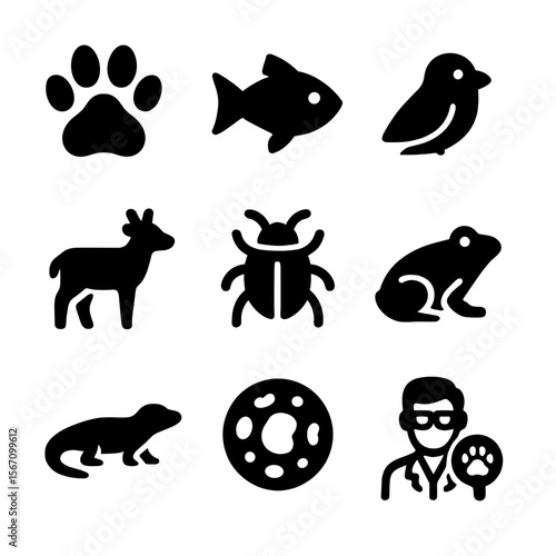 Zoology Icon Grid. Solid, filled icon set of zoology: animal paw, fish, bird, mammal, insect, amphibian, reptile, animal cell,