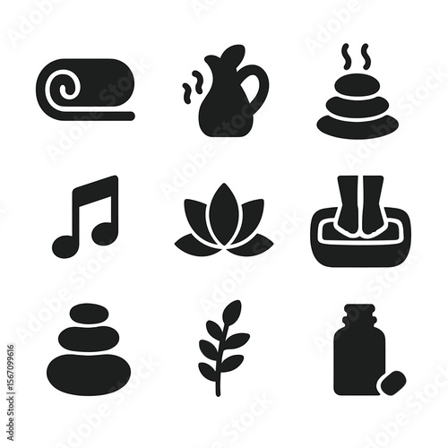 Spa Icon Set. Solid, filled icon set of spa-style bathrooms: rolled towel, facial steamer, hot stones, foot basin, calm music icon