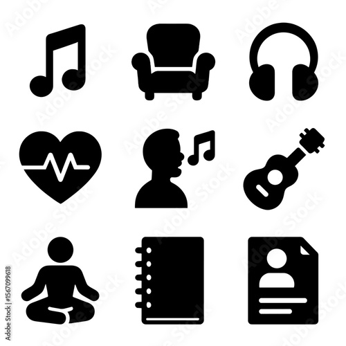 Music Therapy Icons. Solid, filled icons set of music therapy sessions: music note, therapist chair,