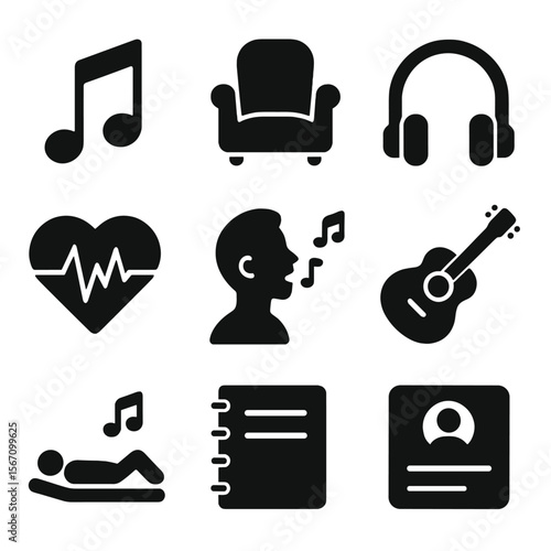 Music Therapy Icons. Solid, filled icons set of music therapy sessions: music note, therapist chair,