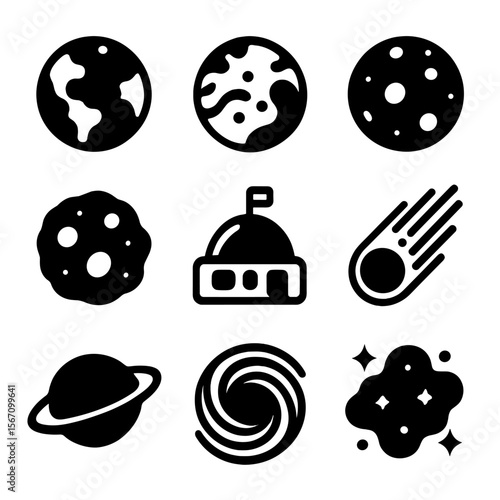 Space Icons Grid. Solid, filled icon set of space destinations: Earth, Mars, Moon, asteroid, space colony, comet, distant planet,