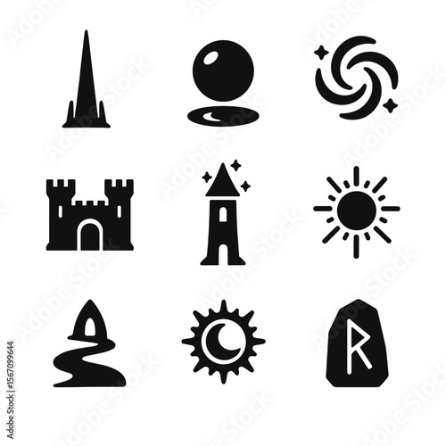Mystical City Icons. Solid, filled icons set of a mystical city: towering spire, floating orb, magic swirl,