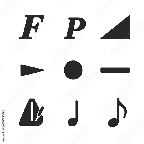 Musical Icons Grid. Solid, filled icons set of musical sound dynamics: forte icon, piano icon, crescendo,