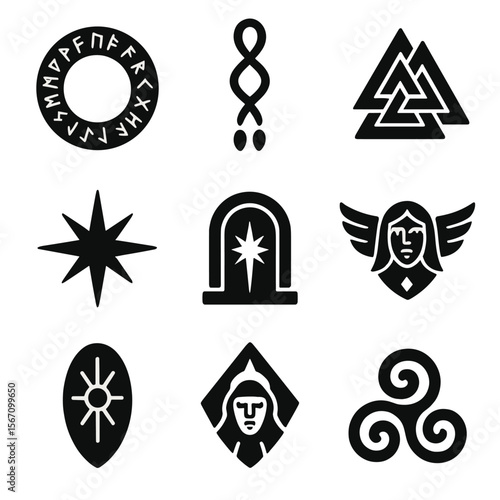Mystical Icon Set. Solid, filled icons set of mystical valkyrie symbols: runic circle, soul thread, destiny