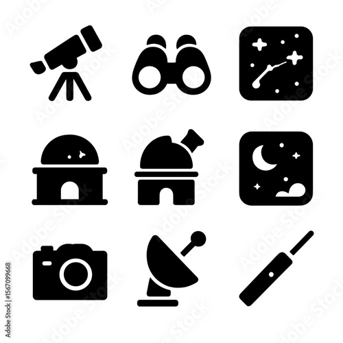 Space Observation Icons. Solid, filled icon set of space observation tools: telescope, binoculars, star chart, planetarium,