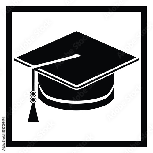 Black graduation cap silhouette with tassel and border academic education