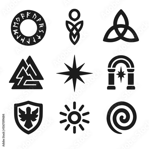 Mystical Icon Set. Solid, filled icons set of mystical valkyrie symbols: runic circle, soul thread, destiny