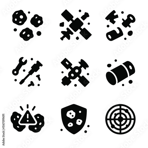 Space Hazards Icons. Solid, filled icon set of space hazards and debris: asteroid field, broken satellite, space junk, lost tools,