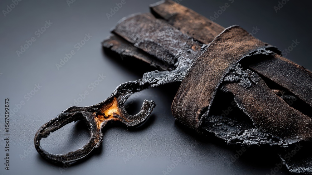 Burned Leather Straps with Charred Metal Hook on Dark Background Burned Leather Straps with Charred Metal Hook on Dark Background