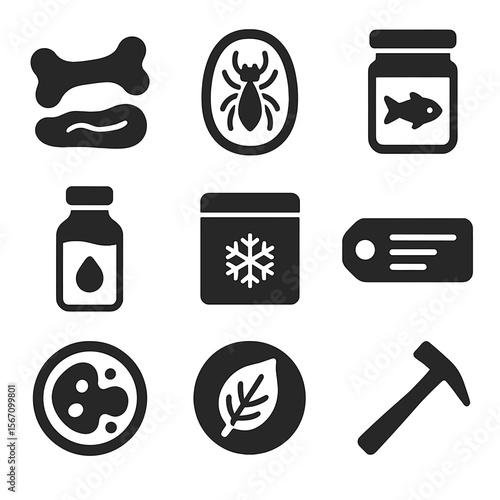 Natural History Icons. Solid, filled icons set of natural history preservation: fossil bone, amber insect,