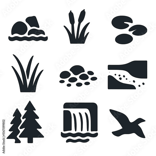 Natural Lake Icons. Solid, filled icons set of natural lake features: rock shoreline, cattails, lily pads,
