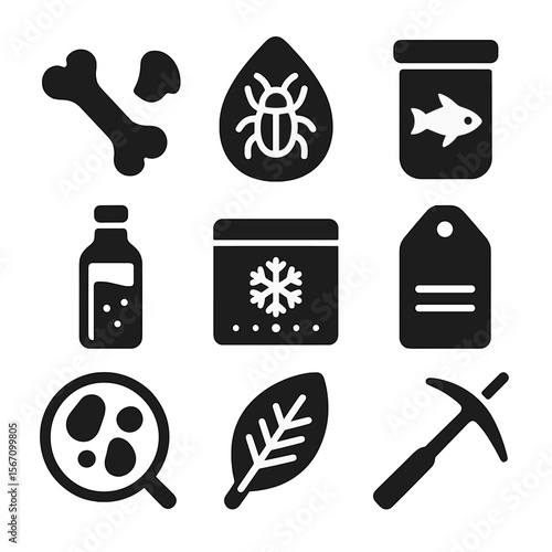 Natural History Icons. Solid, filled icons set of natural history preservation: fossil bone, amber insect,