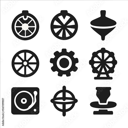 Spinning Wheels Icon Grid. Solid, filled icon set of spinning wheels: roulette wheel, wheel of fortune, spinning top, bicycle