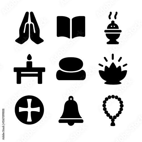 Spiritual Symbols Icon Set. Solid, filled icon set of ritual and spiritual symbols: prayer hands, open book, incense burner, altar