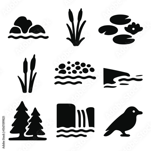 Natural Lake Icons. Solid, filled icons set of natural lake features: rock shoreline, cattails, lily pads,
