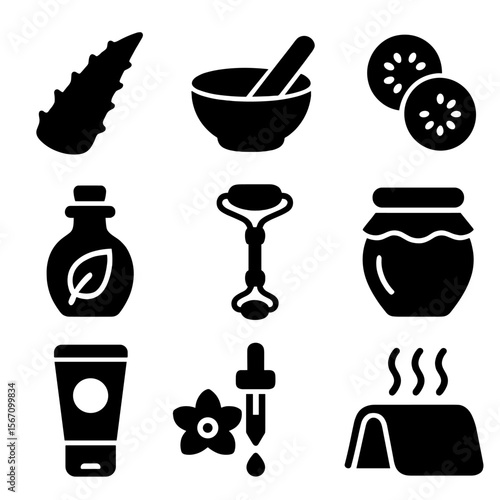 Natural Skincare Icons. Solid, filled icons set of natural beauty treatments and skincare for health: aloe