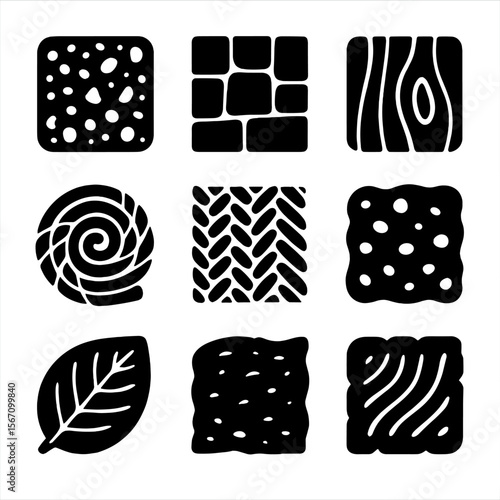 Natural Texture Icons. Solid, filled icons set of natural textures in design: cork board, stone tile, wood