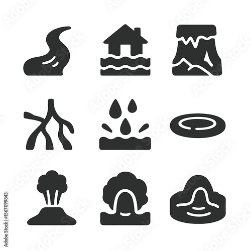 Natural Water Icons. Solid, filled icons set of natural water movement: stream, flood, glacier melt, river