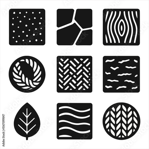 Natural Texture Icons. Solid, filled icons set of natural textures in design: cork board, stone tile, wood
