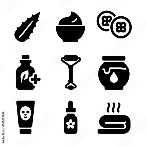 Natural Skincare Icons. Solid, filled icons set of natural beauty treatments and skincare for health: aloe