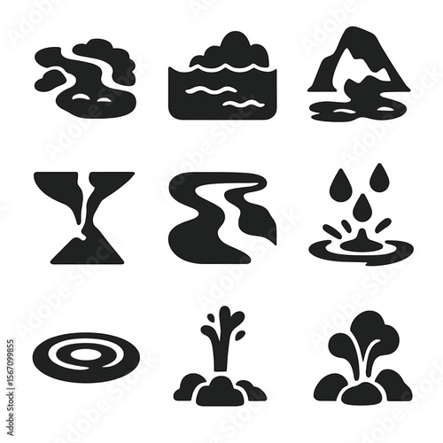 Natural Water Icons. Solid, filled icons set of natural water movement: stream, flood, glacier melt, river