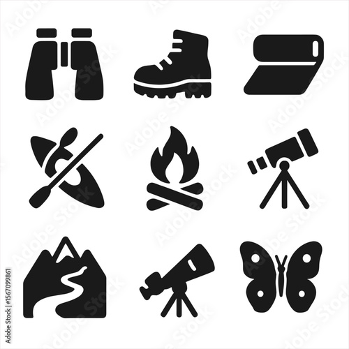 Nature Activity Icons. Solid, filled icons set of nature immersion activities: bird watching binoculars,