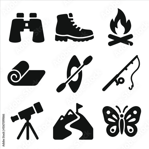 Nature Activity Icons. Solid, filled icons set of nature immersion activities: bird watching binoculars,