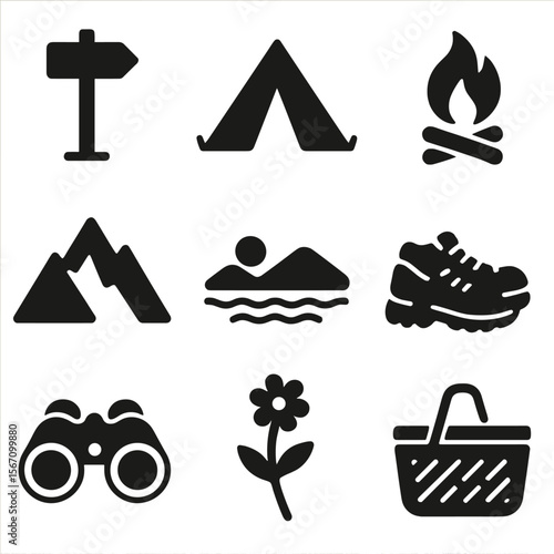 Nature Adventure Icons. Solid, filled icons set of weekend nature trips: hiking trail marker, tent, bonfire,