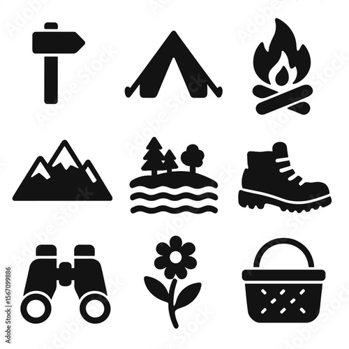 Nature Adventure Icons. Solid, filled icons set of weekend nature trips: hiking trail marker, tent, bonfire,