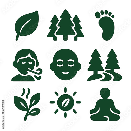 Nature Calm Icons. Solid, filled icons set of forest bathing and quiet moments: green leaf, forest icon, slow