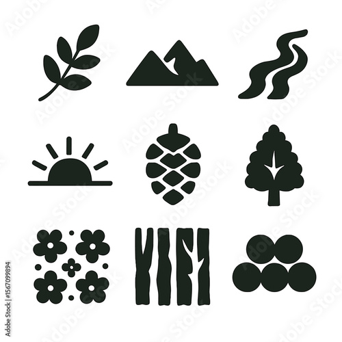 Nature Icon Collection. Solid, filled icons set of nature inspired graphic design: leafy branch, mountain