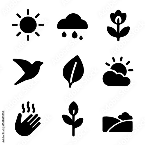 Spring Renewal Icons. Solid, filled icon set of seasonal renewal: spring sun, snow melting, early bloom, migrating bird, fresh