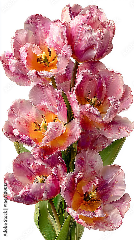 Obraz premium background of tulips in different shades of pastel pink, dancing together, with long stems, on white background