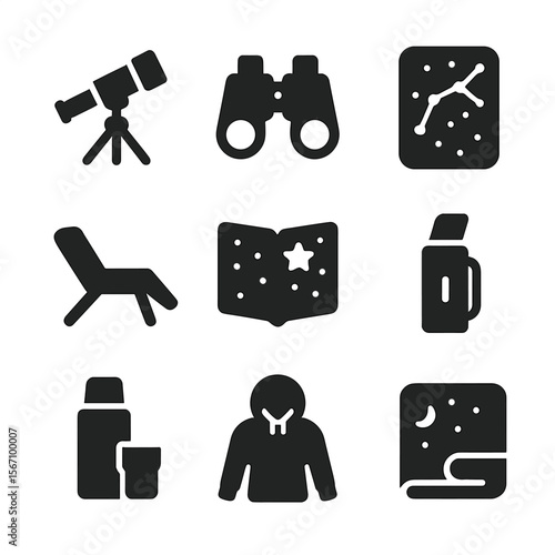 Stargazing Tools Icons. Solid, filled icon set of stargazing tools and activities: telescope, binoculars, star map, reclining