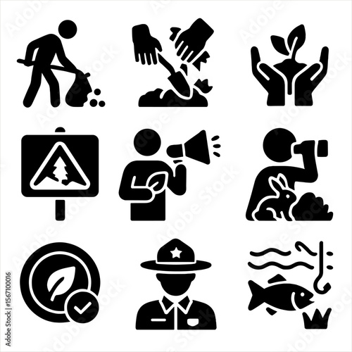 Nature Preservation Icons. Solid, filled icons set of nature preservation activities: trail cleanup, invasive
