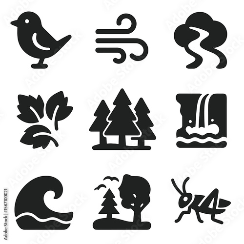 Nature Sound Icons. Solid, filled icons set of sound in nature: bird call, wind sound, river flow, thunder