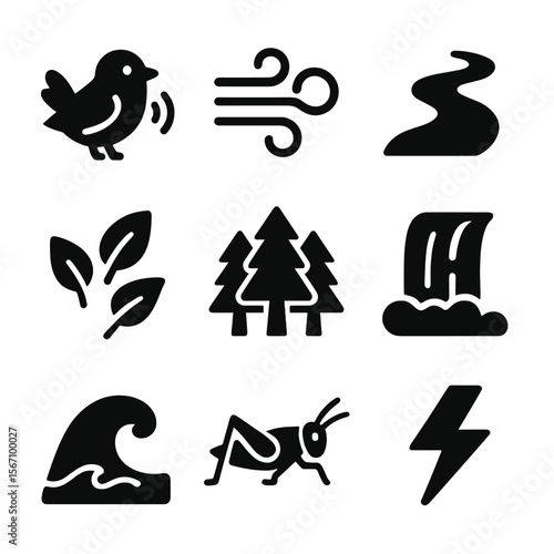 Nature Sound Icons. Solid, filled icons set of sound in nature: bird call, wind sound, river flow, thunder