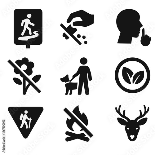 Nature Trail Icons. Solid, filled icons set of nature trail etiquette: stay-on-path sign, no litter icon,
