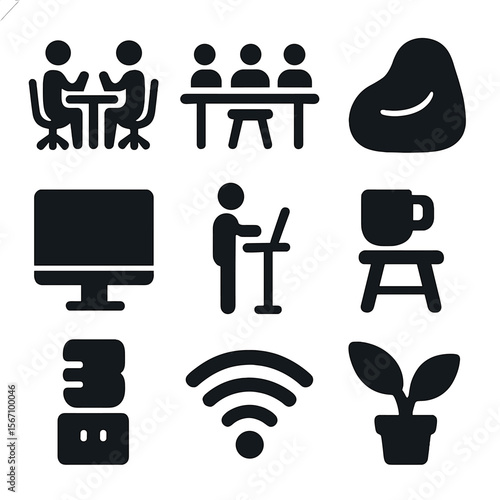 Startup Workspace Icons. Solid, filled icon set of startup workspace environment: shared desk, coworking space, beanbag chair,