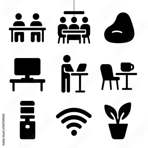 Startup Workspace Icons. Solid, filled icon set of startup workspace environment: shared desk, coworking space, beanbag chair,