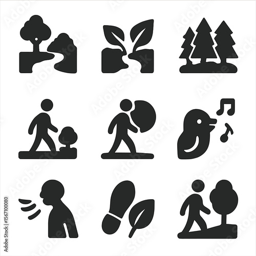 Nature Walk Icons. Solid, filled icons set of solitary nature walks: quiet path, leafy trail, forest icon,