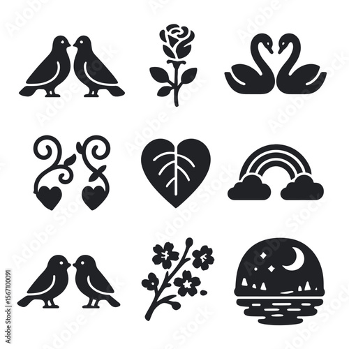 Nature's Love Icons. Solid, filled icons set of love symbolism in nature: doves, blooming rose, pair of swans,