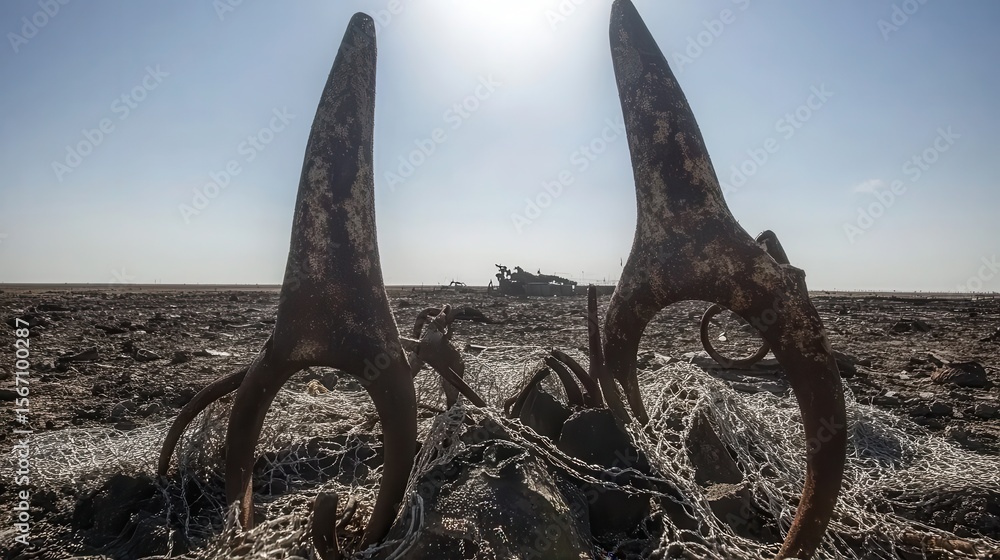 Fototapeta premium Rusty Claw-like Objects in Desert Landscape Under Bright Sunlight